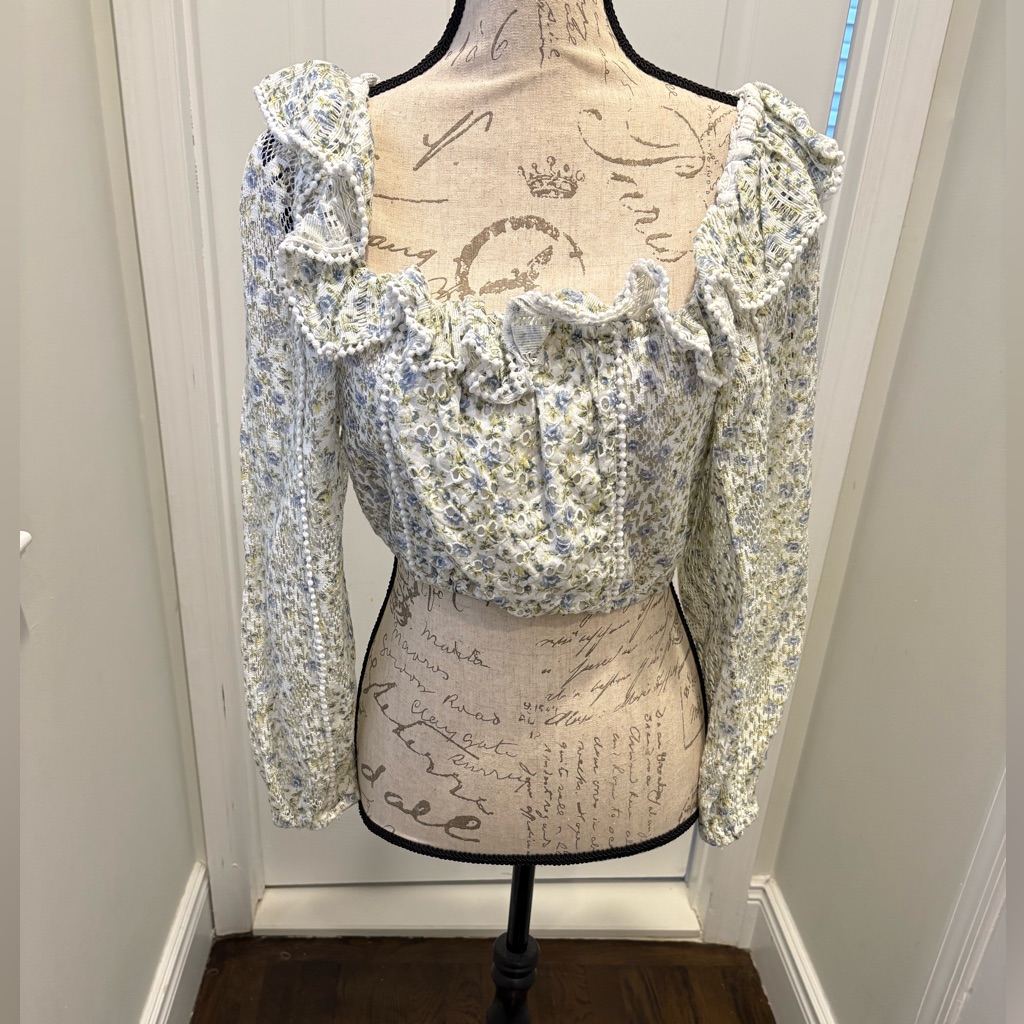 Loveshackfancy Blue Green Floral Ruffle Crop Top Size Small
